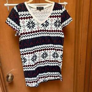 POL Fair Isle Pattern V-Neck Short Sleeve T-Shirt Size S